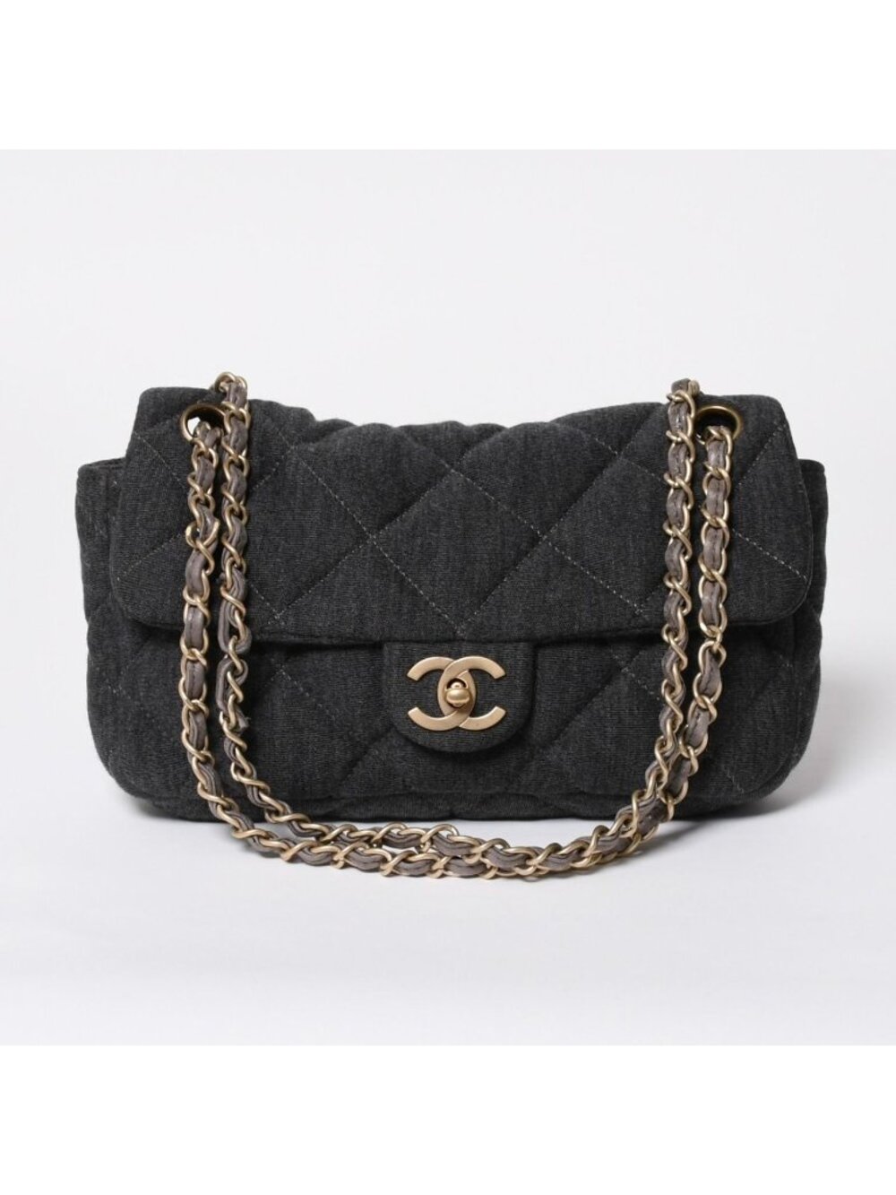 Chanel Quilted 25 Chain S Flap Shoulder Bag CC Logo Cotton Jersey Gray